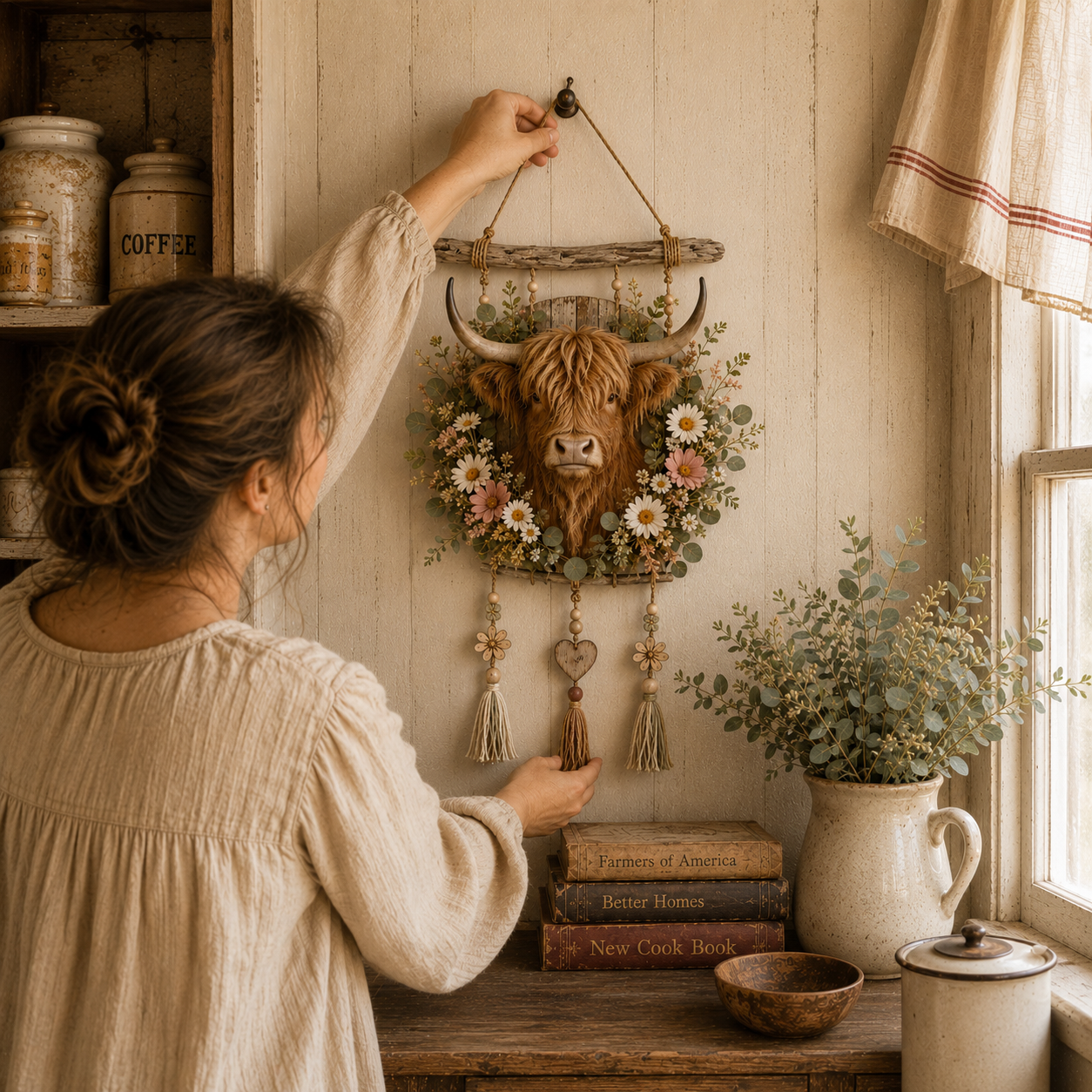 🌼🐮Highland Cow Wildflower Farmhouse Wall Hanger