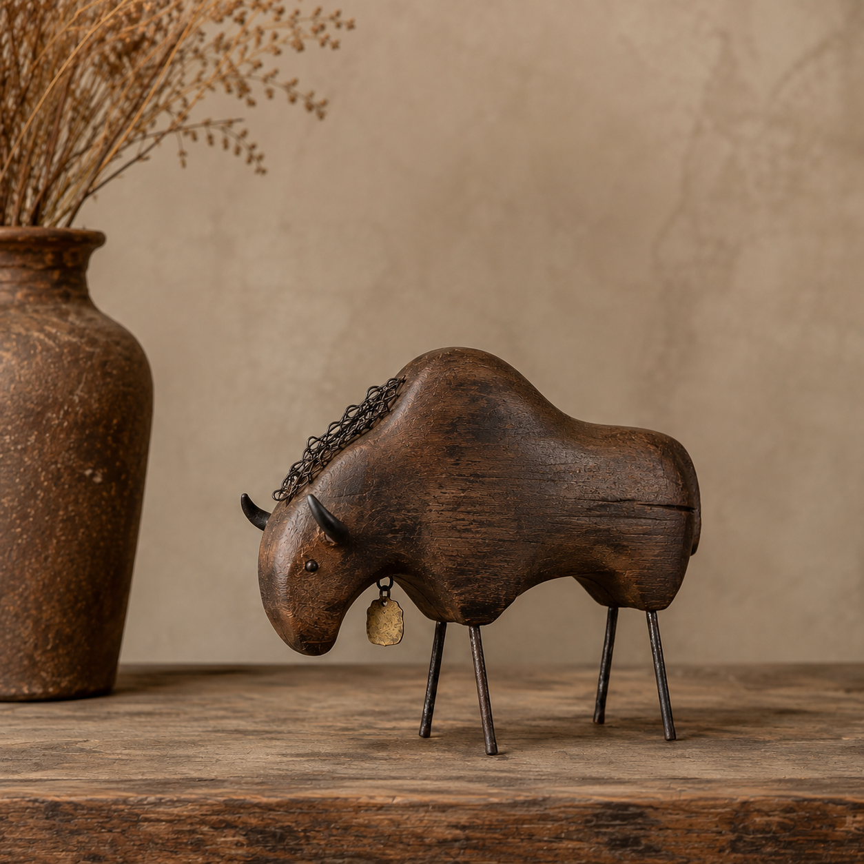 Vintage Primitive Wood & Metal Bison Sculpture