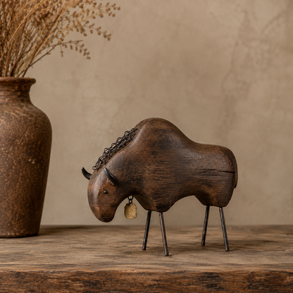 Vintage Primitive Wood & Metal Bison Sculpture
