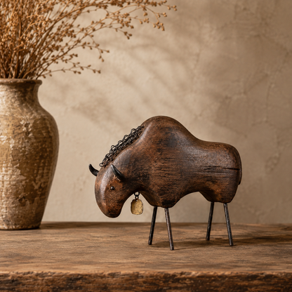 Vintage Primitive Wood & Metal Bison Sculpture