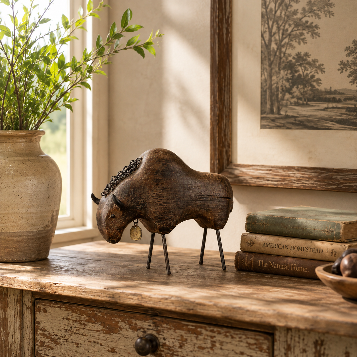 Vintage Primitive Wood & Metal Bison Sculpture