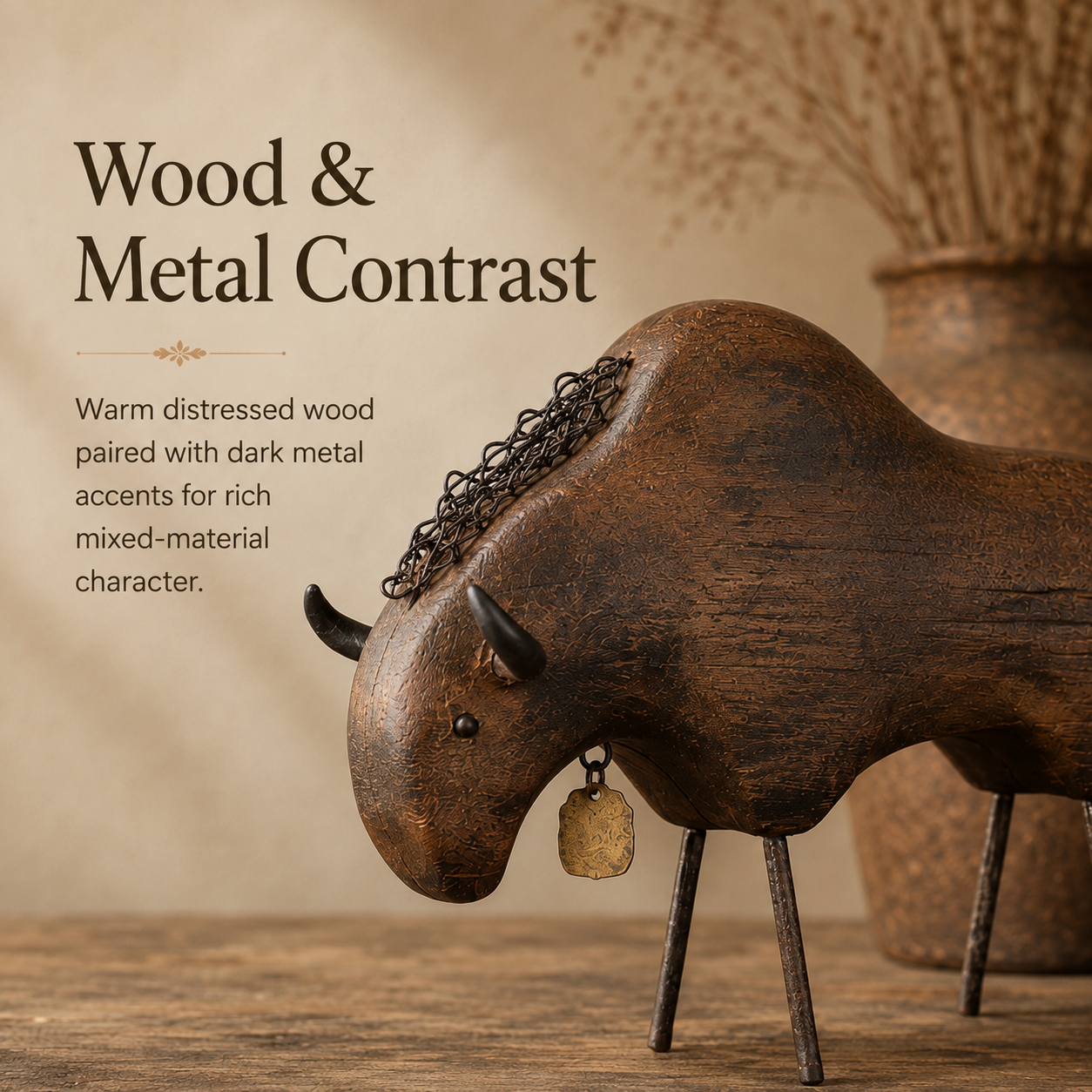 Vintage Primitive Wood & Metal Bison Sculpture