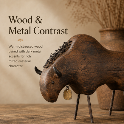Vintage Primitive Wood & Metal Bison Sculpture