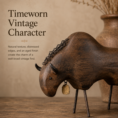 Vintage Primitive Wood & Metal Bison Sculpture