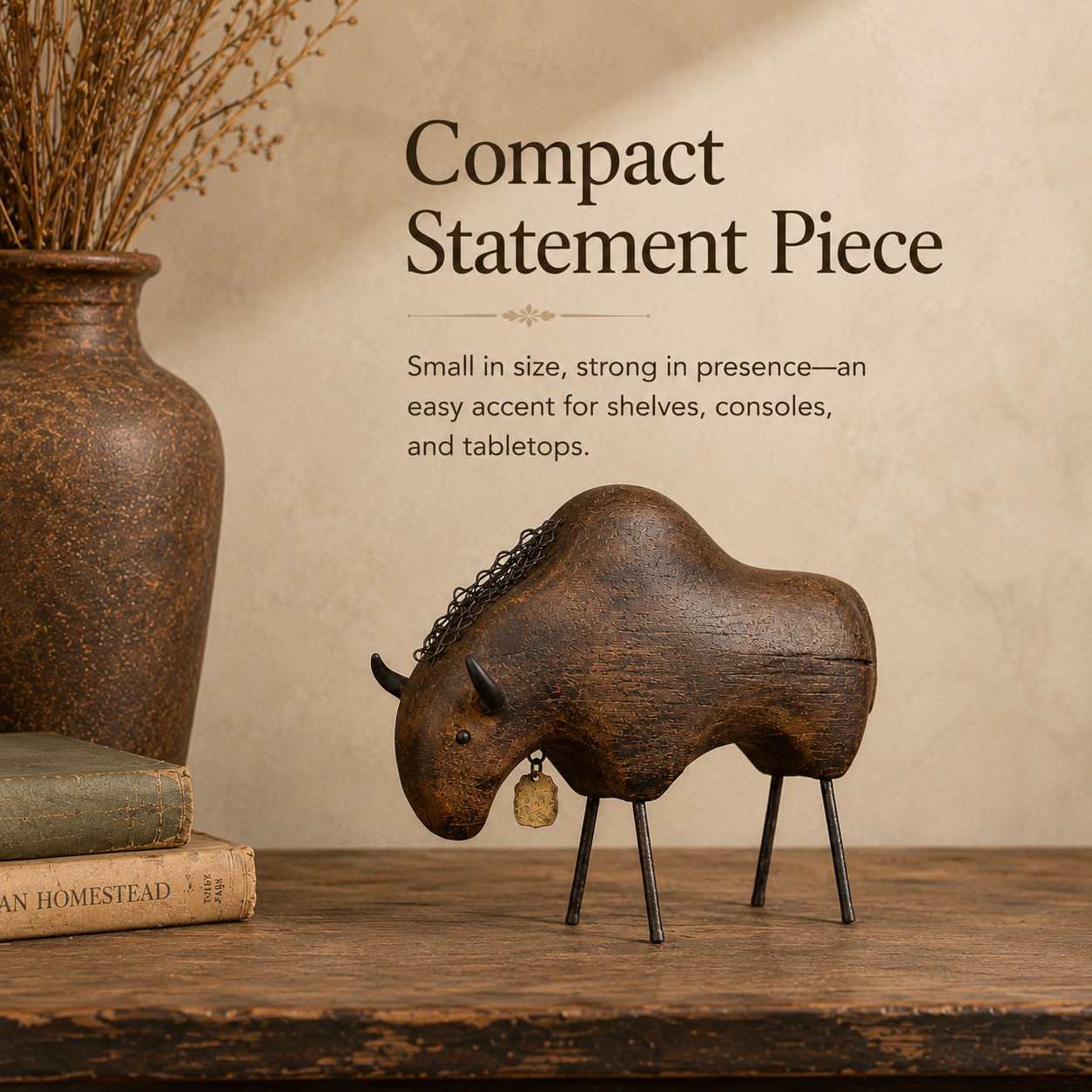 Vintage Primitive Wood & Metal Bison Sculpture
