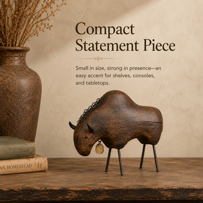 Vintage Primitive Wood & Metal Bison Sculpture
