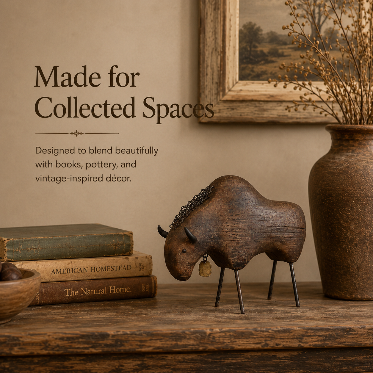Vintage Primitive Wood & Metal Bison Sculpture