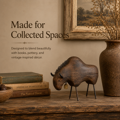 Vintage Primitive Wood & Metal Bison Sculpture
