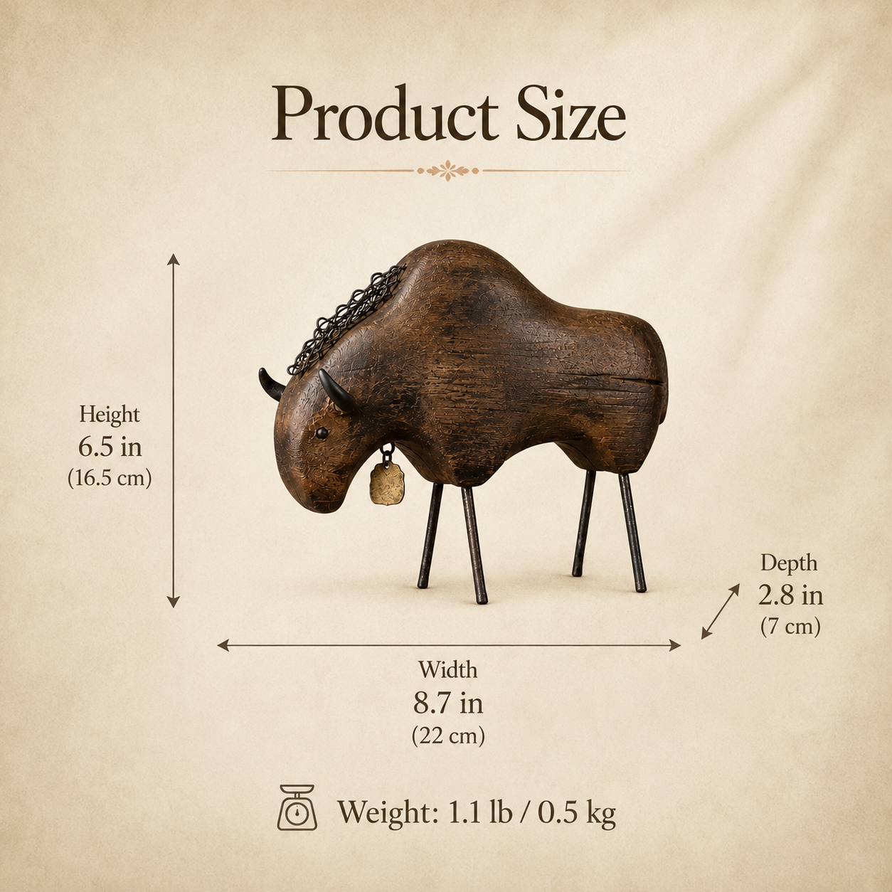 Vintage Primitive Wood & Metal Bison Sculpture