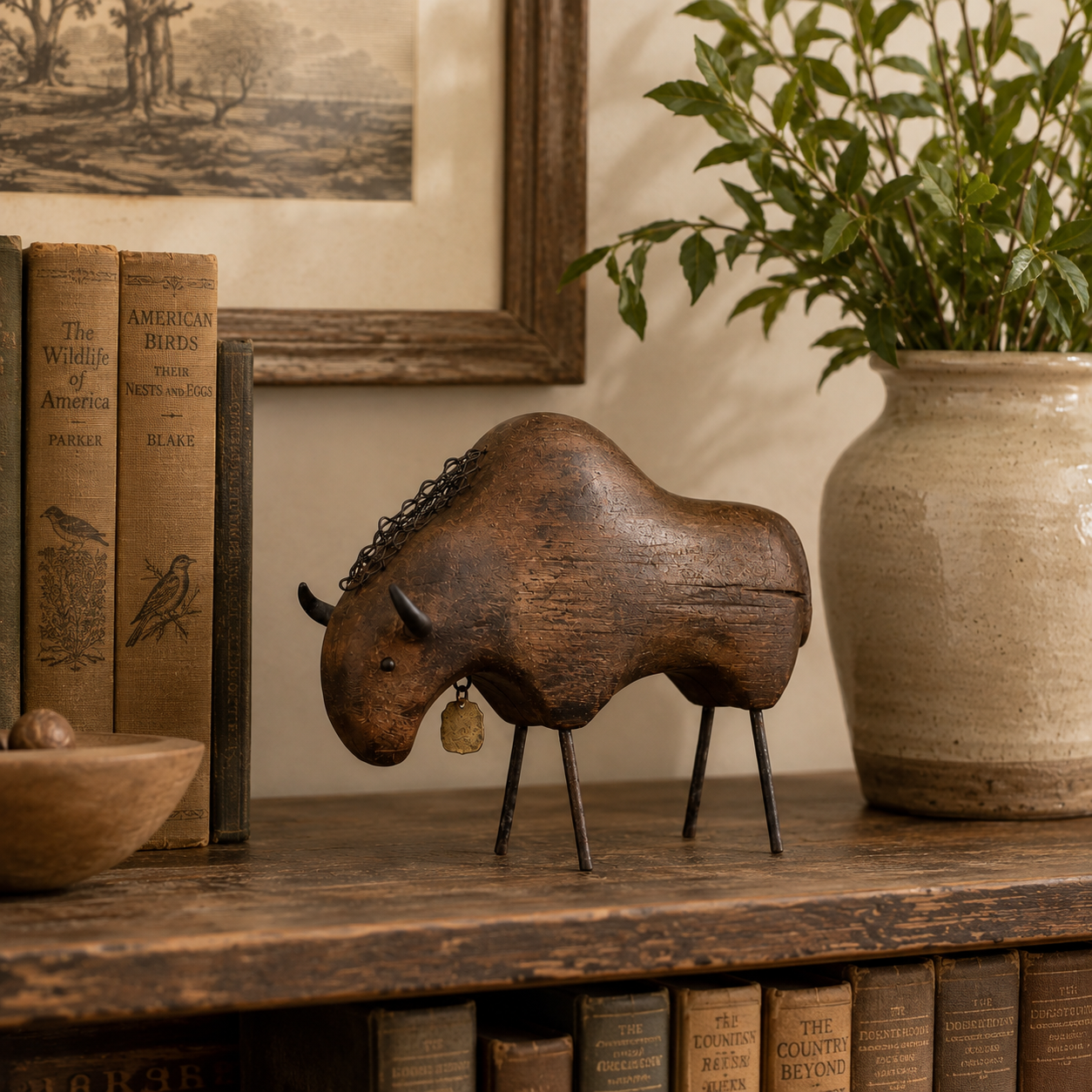 Vintage Primitive Wood & Metal Bison Sculpture