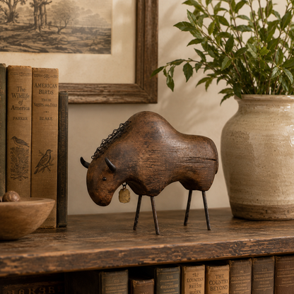 Vintage Primitive Wood & Metal Bison Sculpture