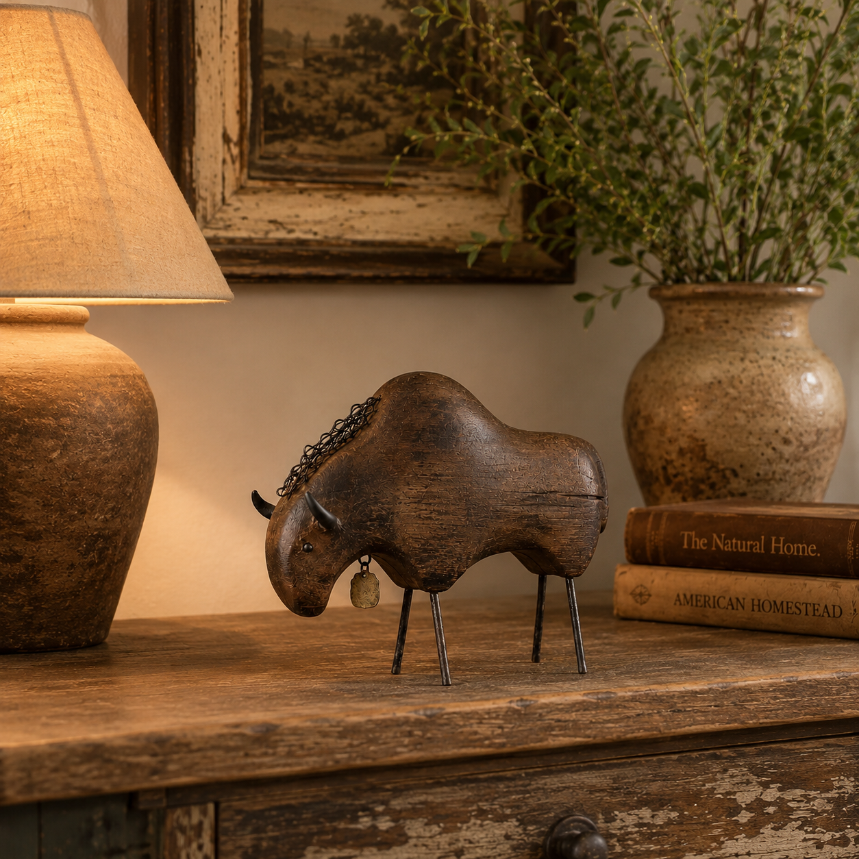 Vintage Primitive Wood & Metal Bison Sculpture