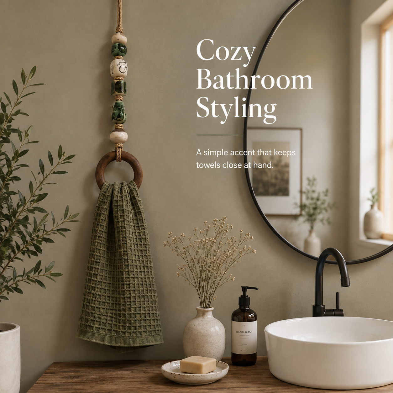 Single beaded wooden towel hanger beside a bathroom sink