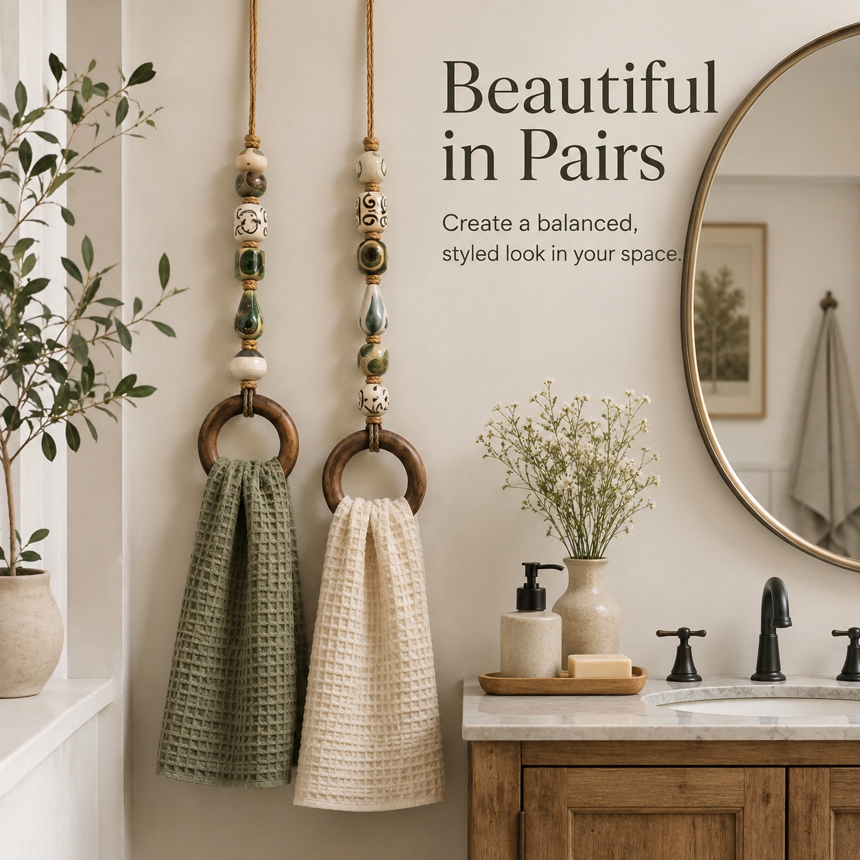 Two decorative beaded towel holders displayed as a balanced pair