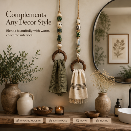 Decorative Beaded Towel Hanger with Wooden Ring