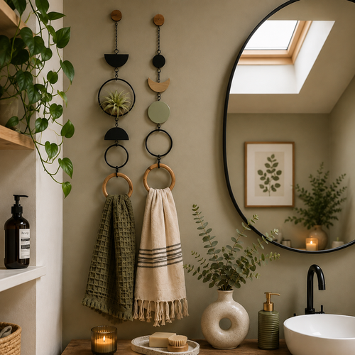 Organic Modern Towel Hanger – Geometric Wall Accent with Wooden Ring