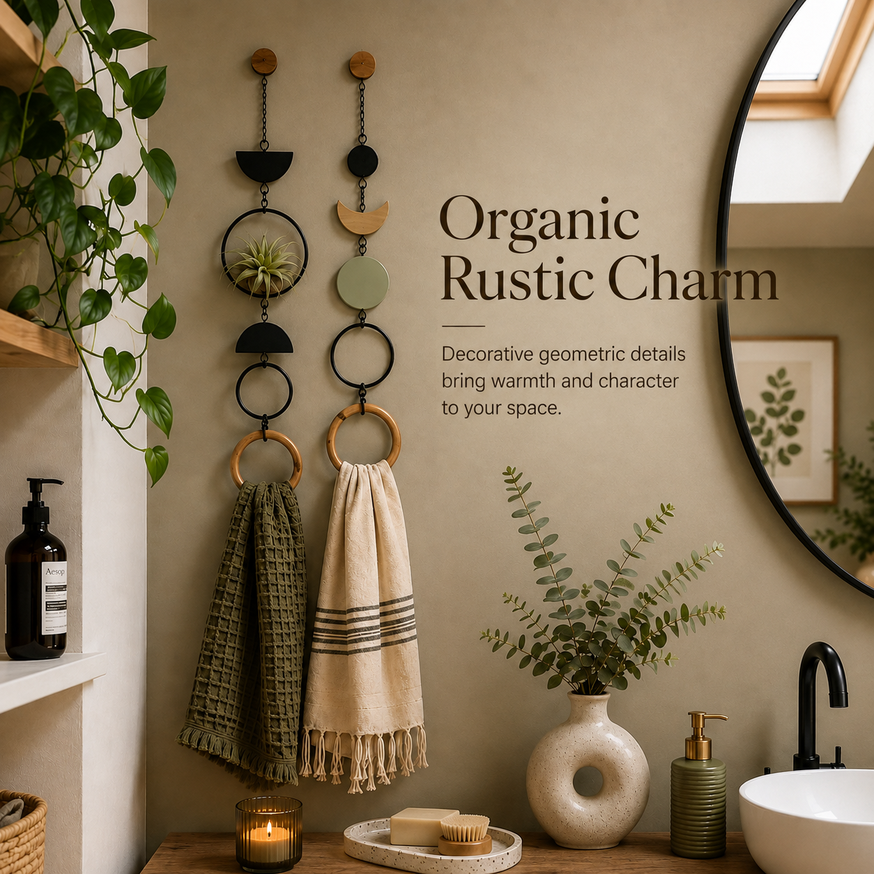 Organic Modern Towel Hanger – Geometric Wall Accent with Wooden Ring