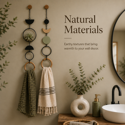 Organic Modern Towel Hanger – Geometric Wall Accent with Wooden Ring