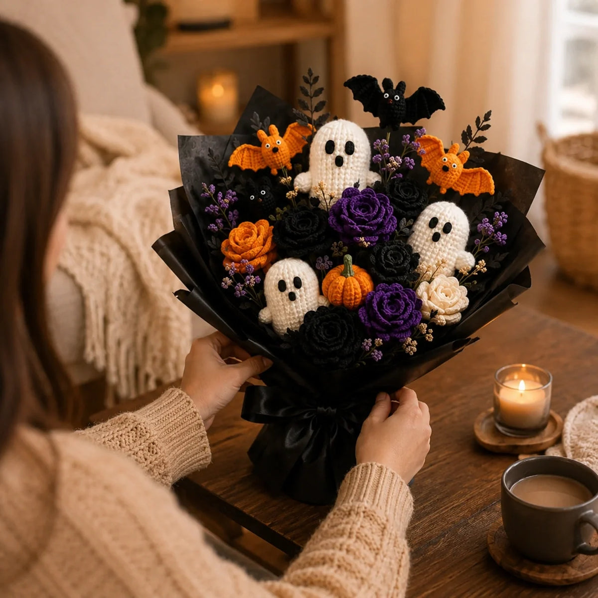 👻💐 Forever Spooky Crochet Bouquet Pattern – Ghosts, Roses, Bats