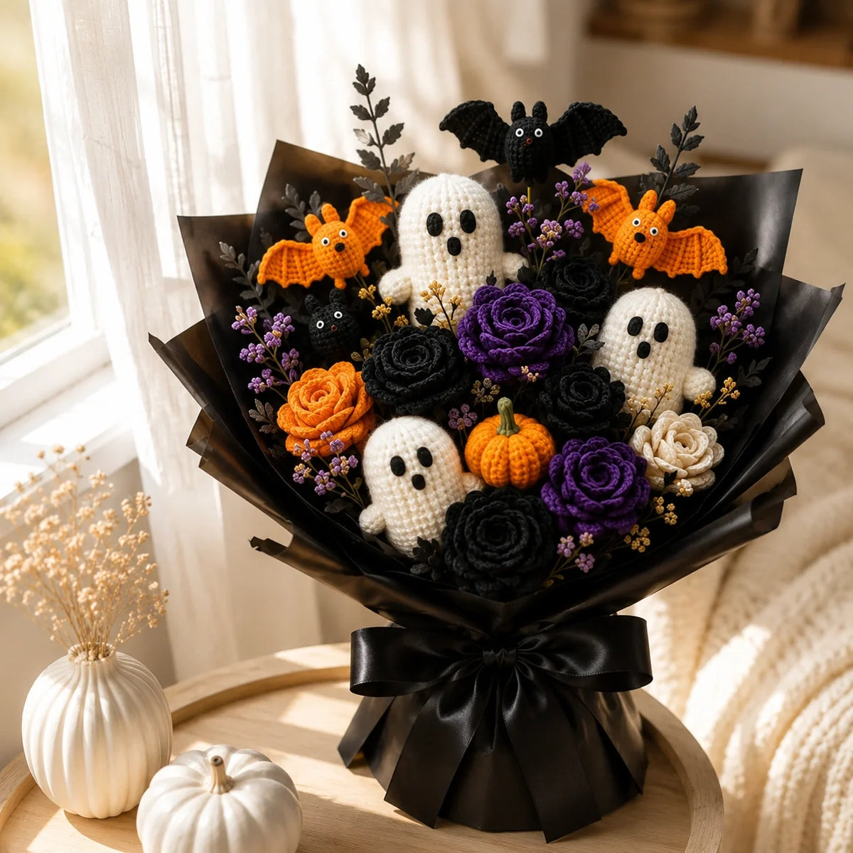 👻💐 Forever Spooky Crochet Bouquet Pattern – Ghosts, Roses, Bats