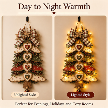 🎄Rustic Wooden Christmas Tree Wall Hanging Ornament 🎀 | Light‑Up & Non‑Light Versions Farmhouse Xmas Door Hanger with Plaid Bow & Heart Decor