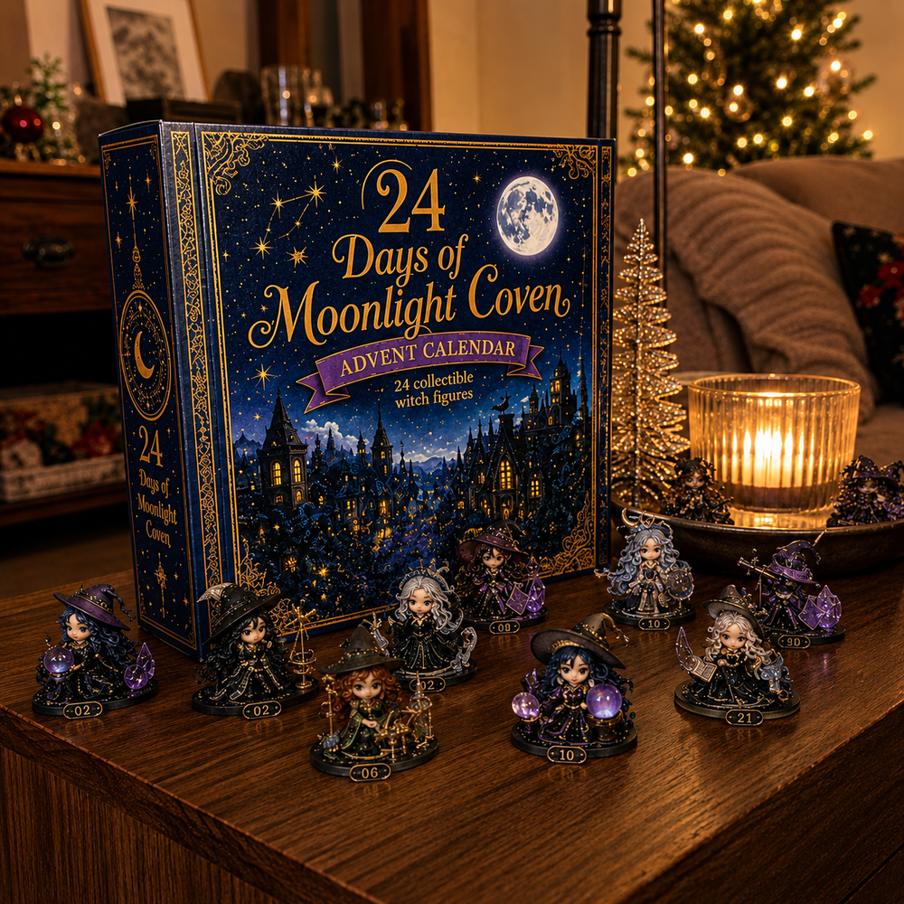 Witch advent calendar displayed in a cozy home