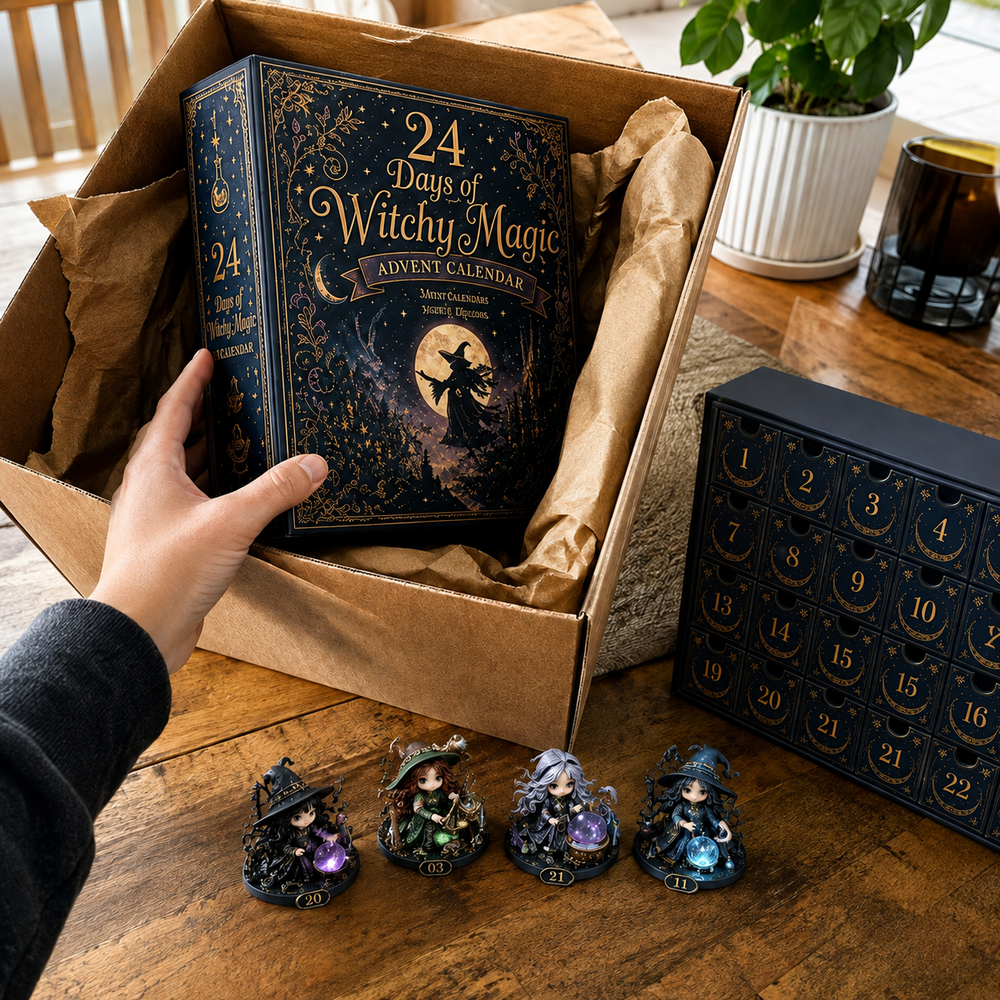 Witch advent calendar unboxing with hand and shipping box