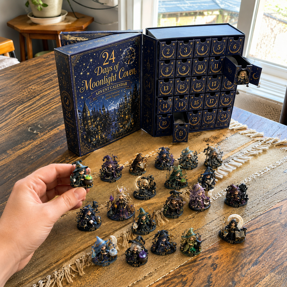 Customer holding a witch figure beside opened advent calendar drawers