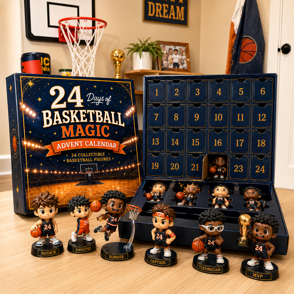 Basketball Advent calendar displayed in a real basketball-themed room
