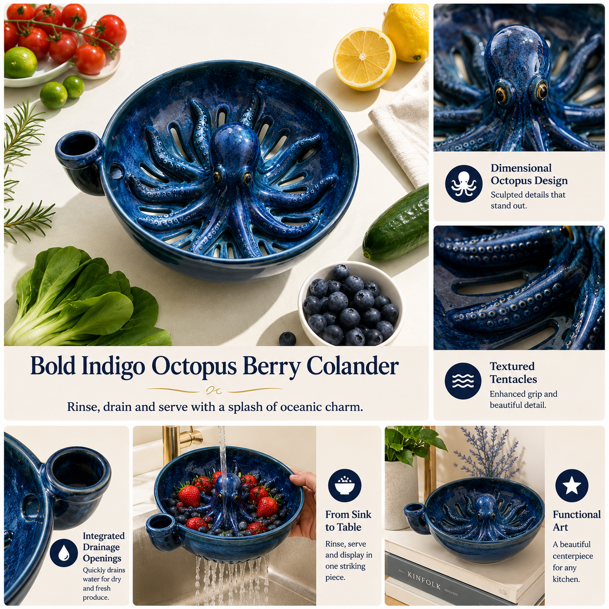 Indigo octopus berry colander feature overview