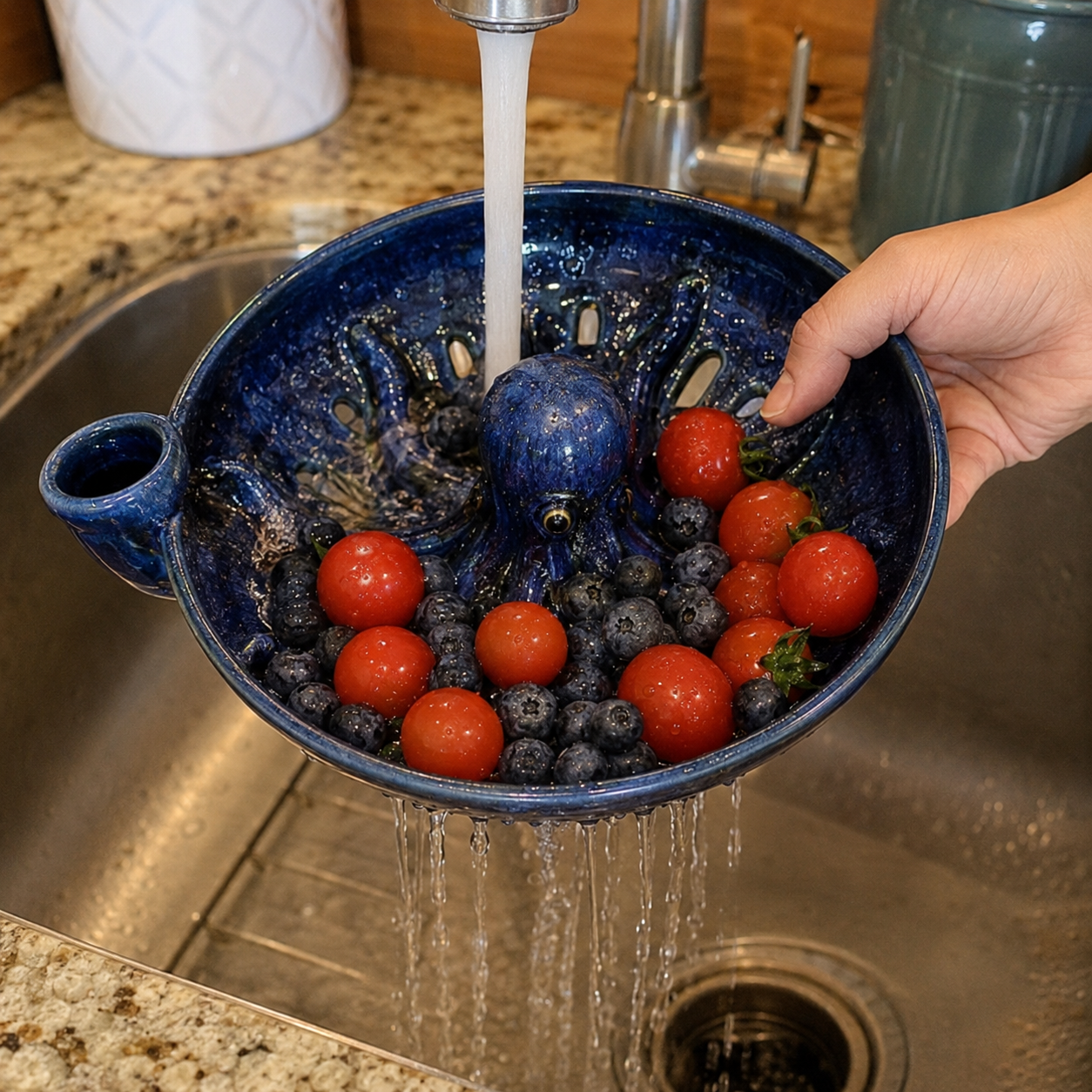 Rinsing produce in indigo octopus colander