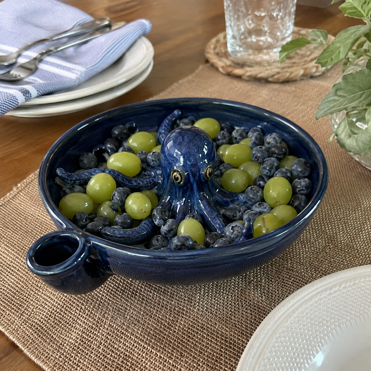 Octopus serving bowl with grapes and blueberries