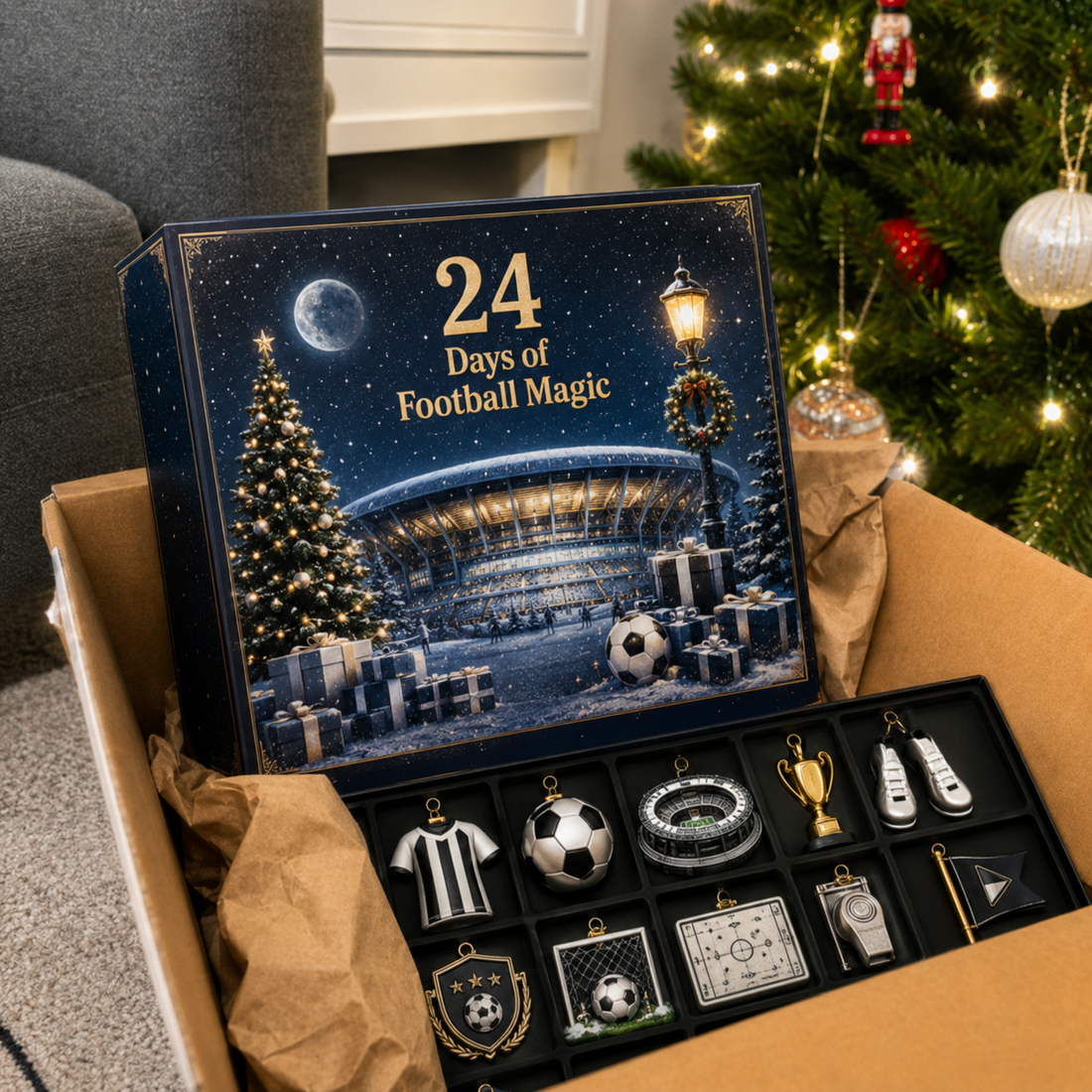 Football Advent calendar unboxing in a Christmas home