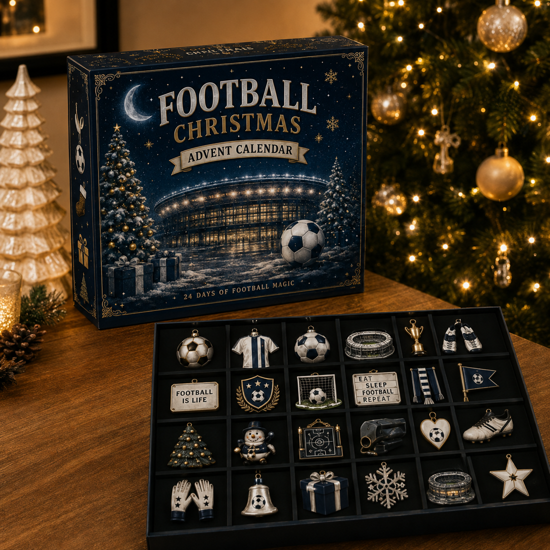 Football Advent calendar displayed beside a Christmas tree