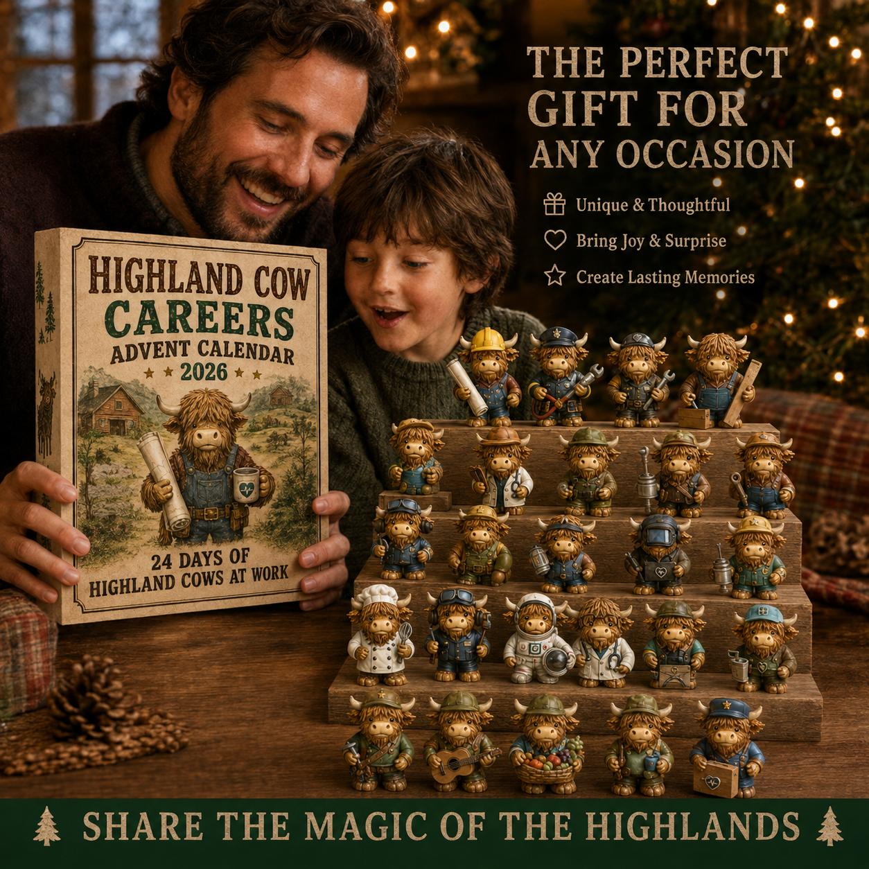 Father and child enjoying Highland Cow Careers Advent Calendar