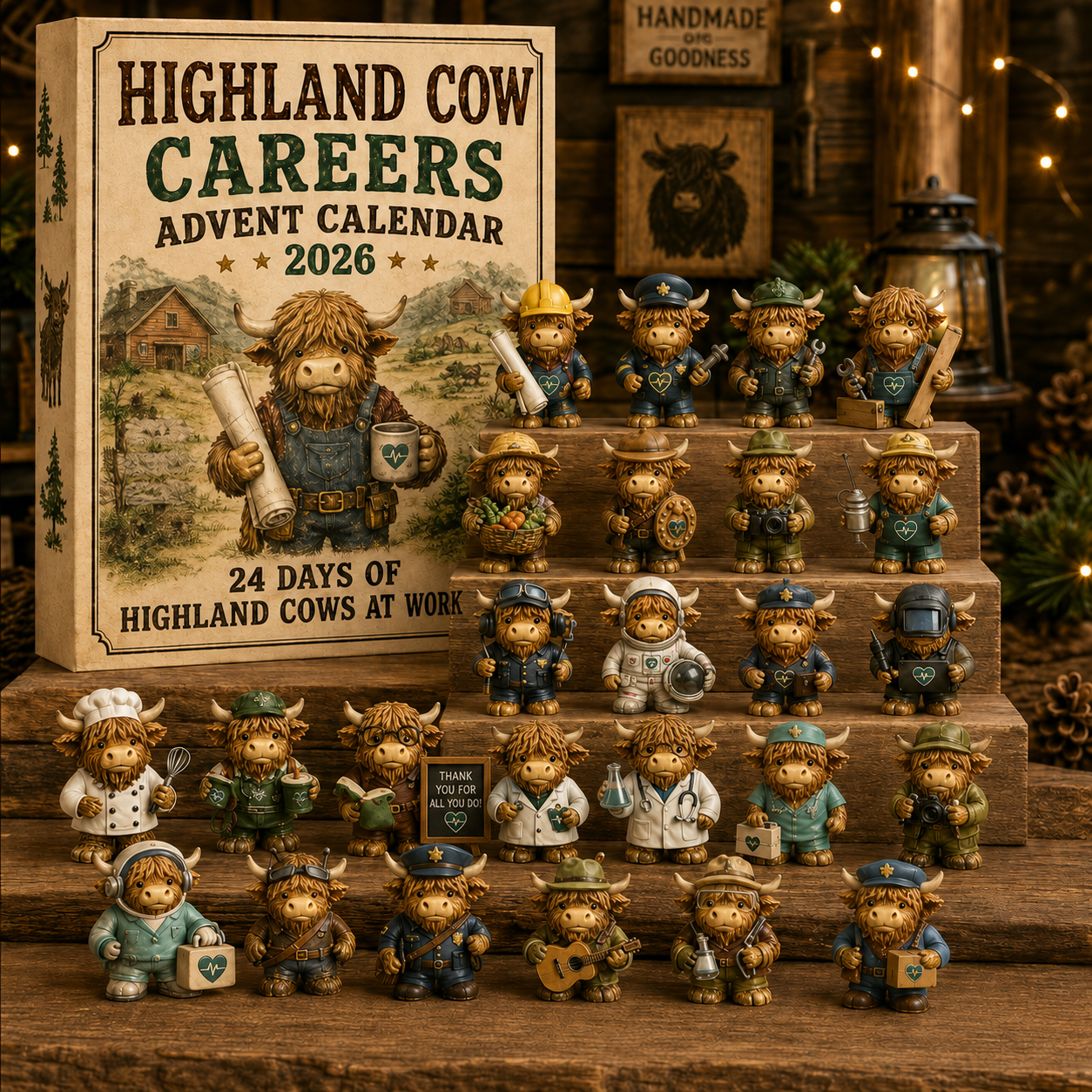 Highland Cow Careers Advent Calendar with 24 collectible career figures