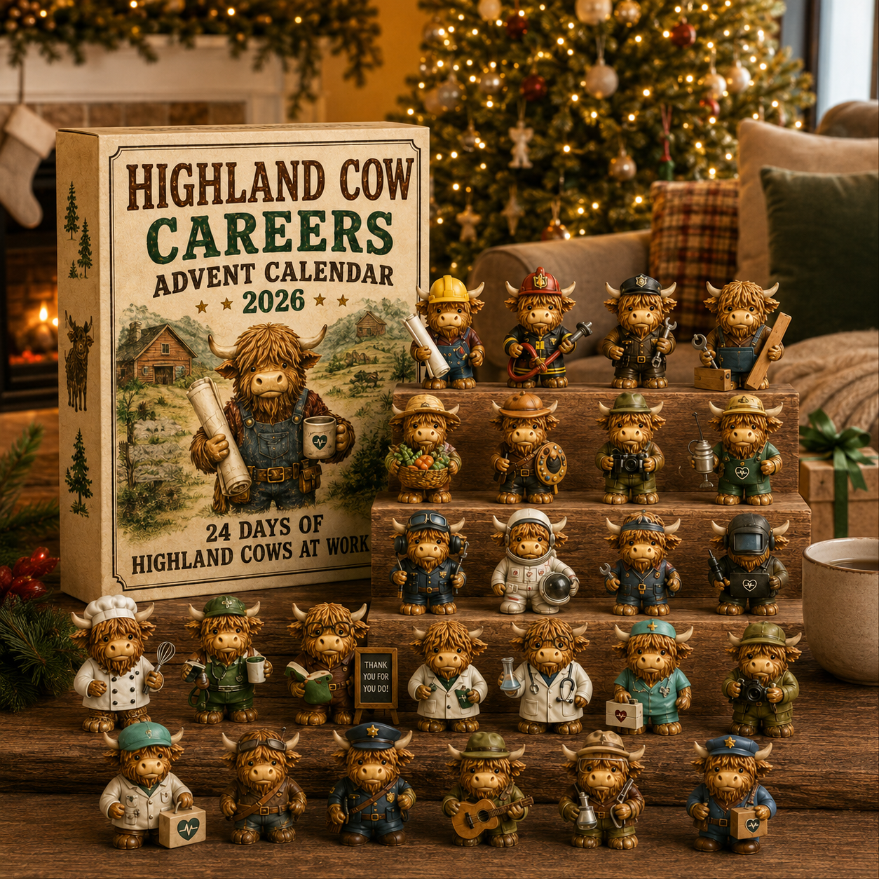 Highland Cow Careers collection displayed in a bright farmhouse Christmas kitchen