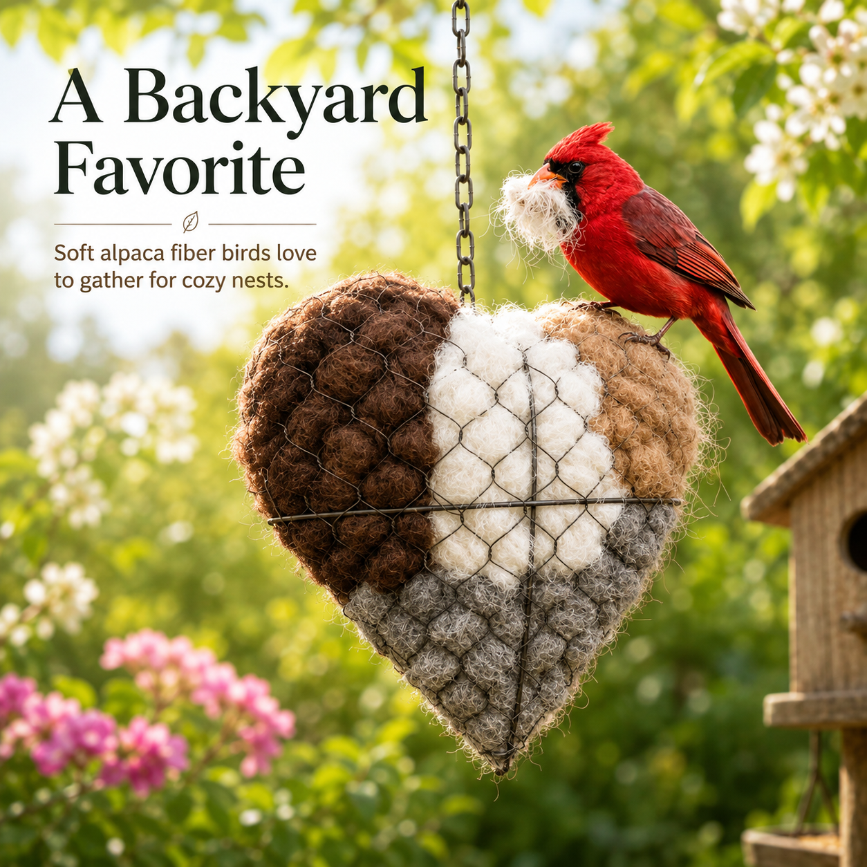 Alpaca fiber bird nesting heart hanging in a garden