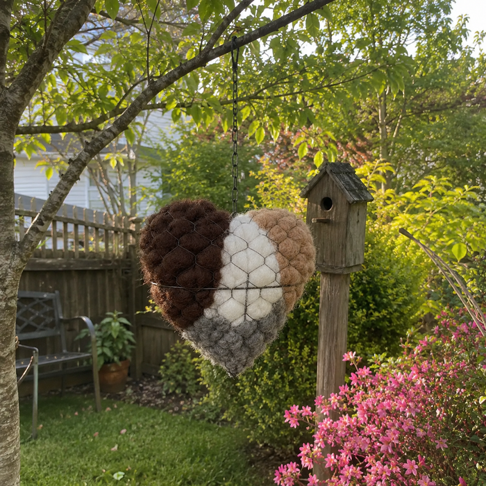 Bird nesting heart hanging in backyard