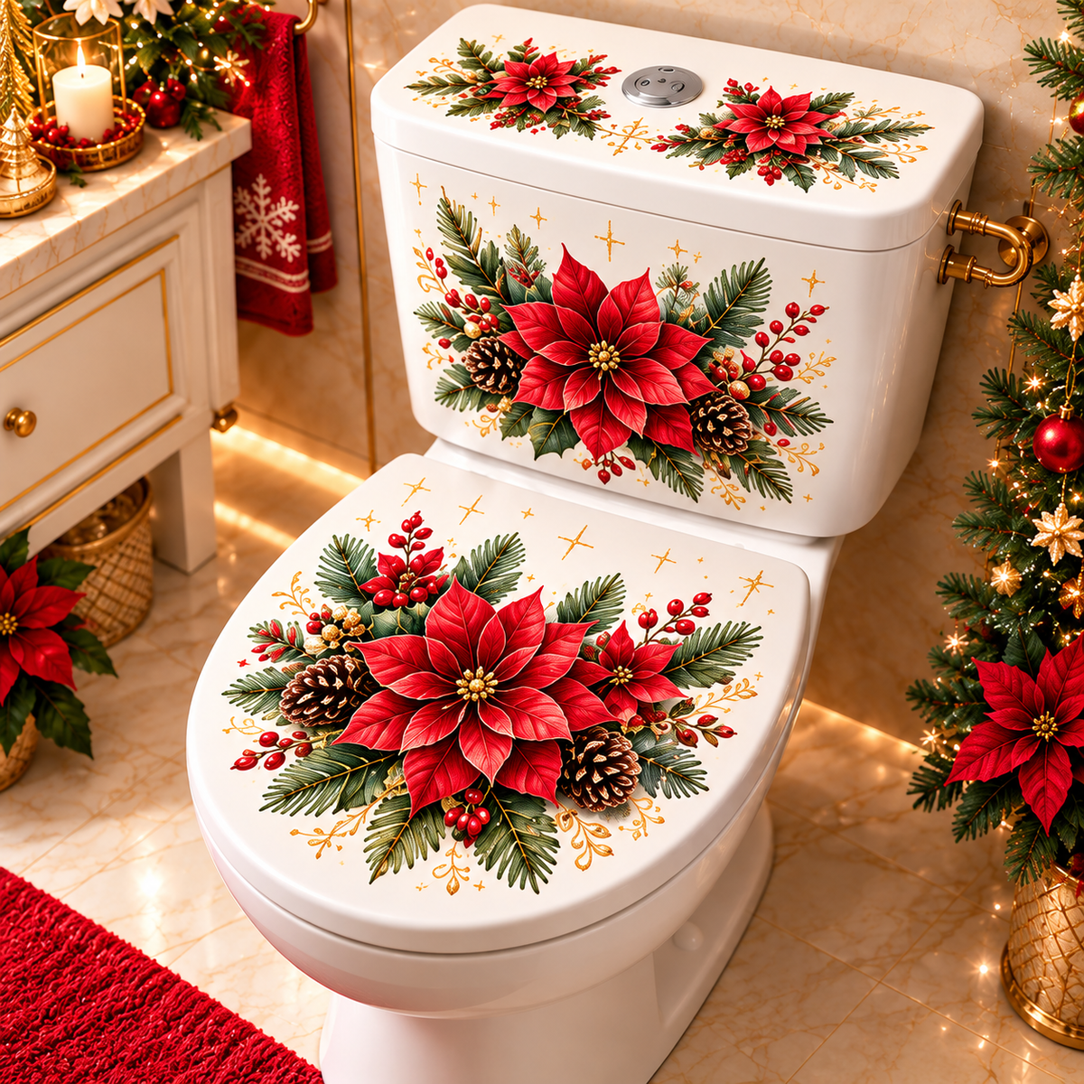 5 Designs Christmas Toilet Stickers – Elegant Botanical Holiday Toilet Decals for Festive Bathroom Decor