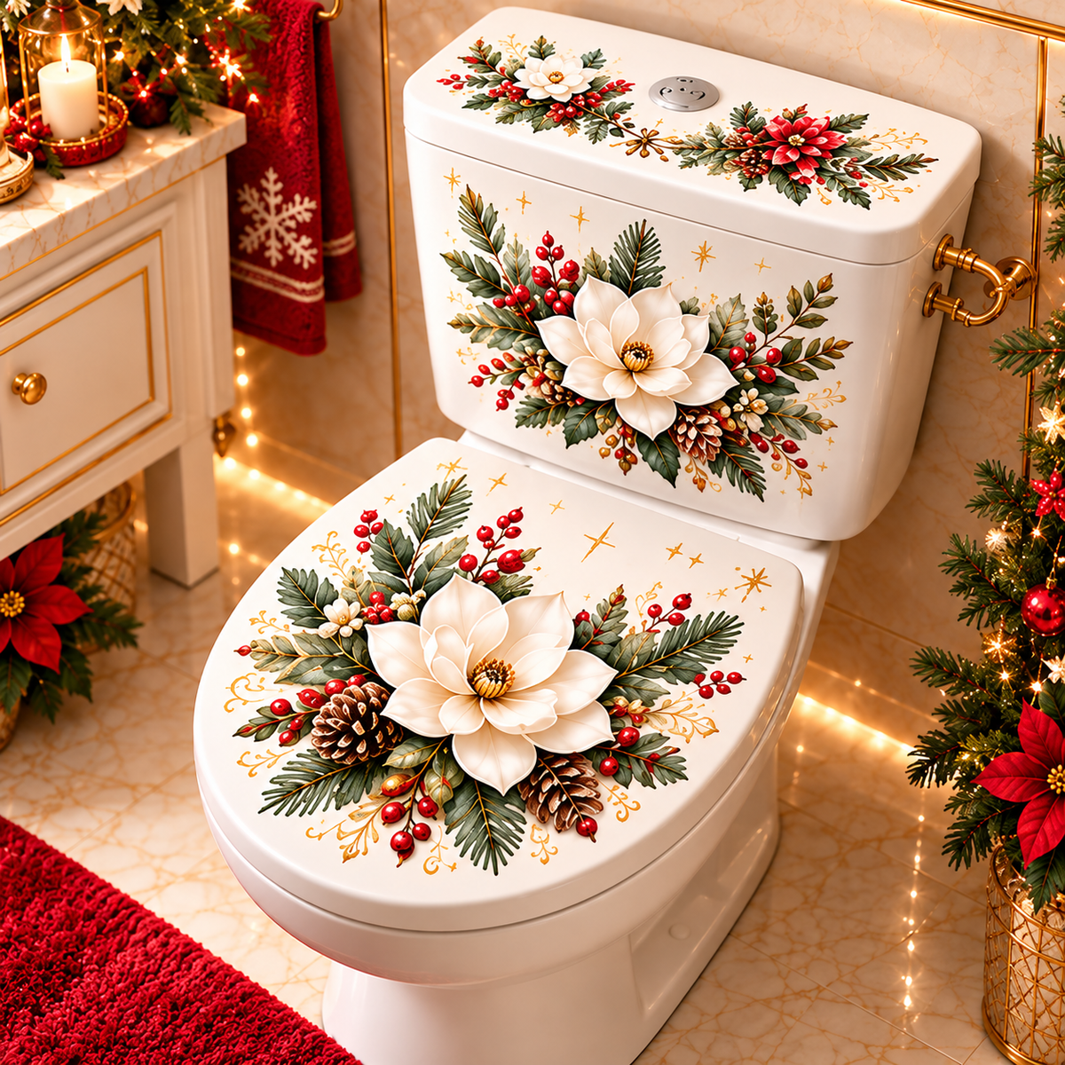 5 Designs Christmas Toilet Stickers – Elegant Botanical Holiday Toilet Decals for Festive Bathroom Decor