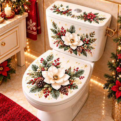 5 Designs Christmas Toilet Stickers – Elegant Botanical Holiday Toilet Decals for Festive Bathroom Decor