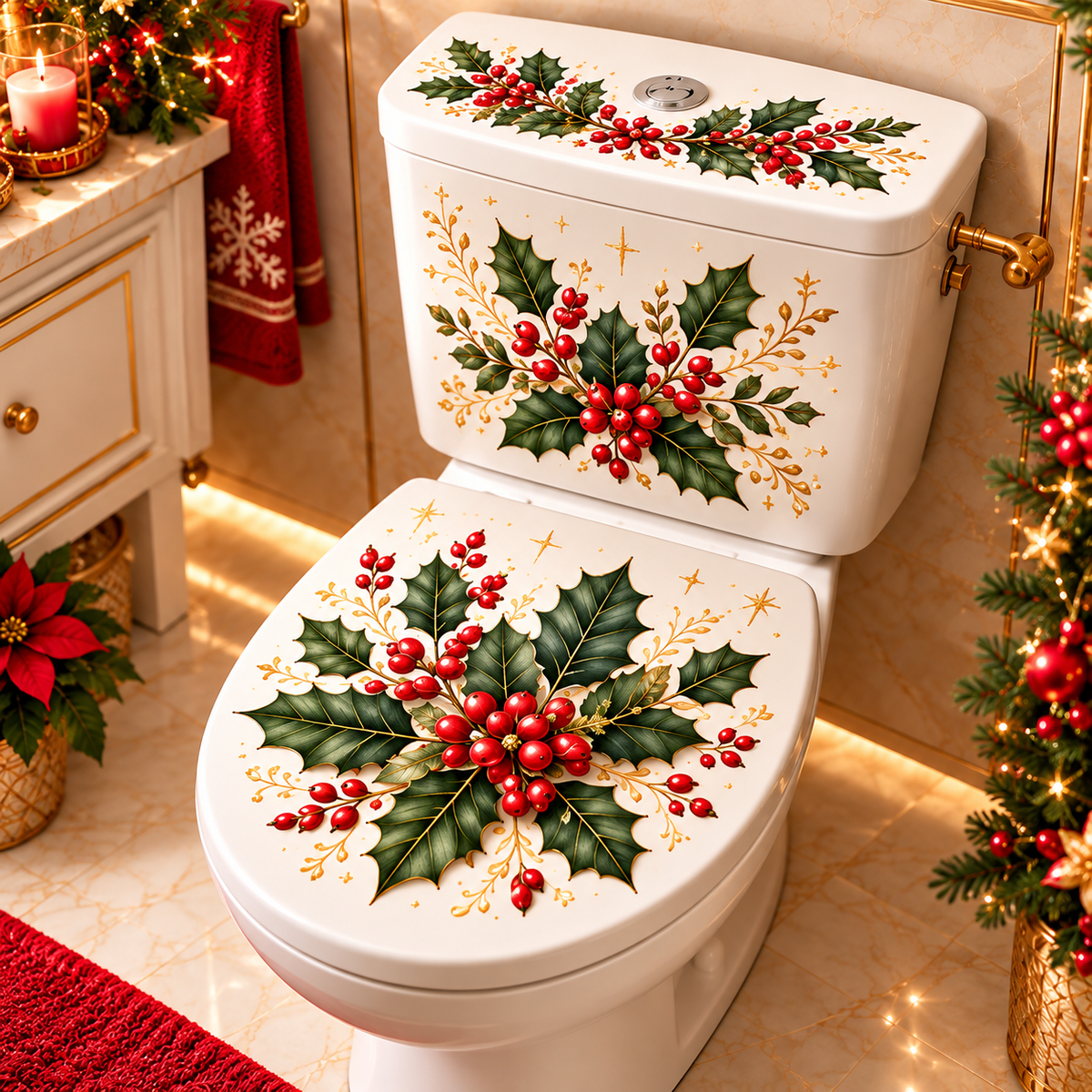 5 Designs Christmas Toilet Stickers – Elegant Botanical Holiday Toilet Decals for Festive Bathroom Decor