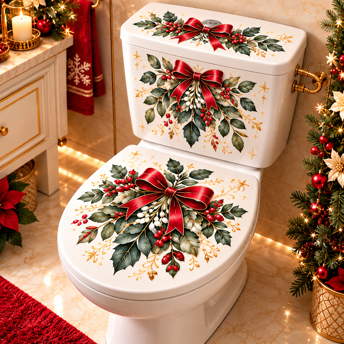 5 Designs Christmas Toilet Stickers – Elegant Botanical Holiday Toilet Decals for Festive Bathroom Decor