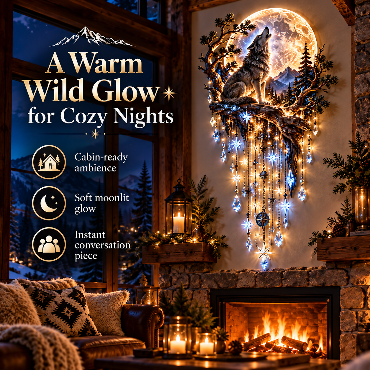 Wolf and moon starfall wall light in a cozy living room