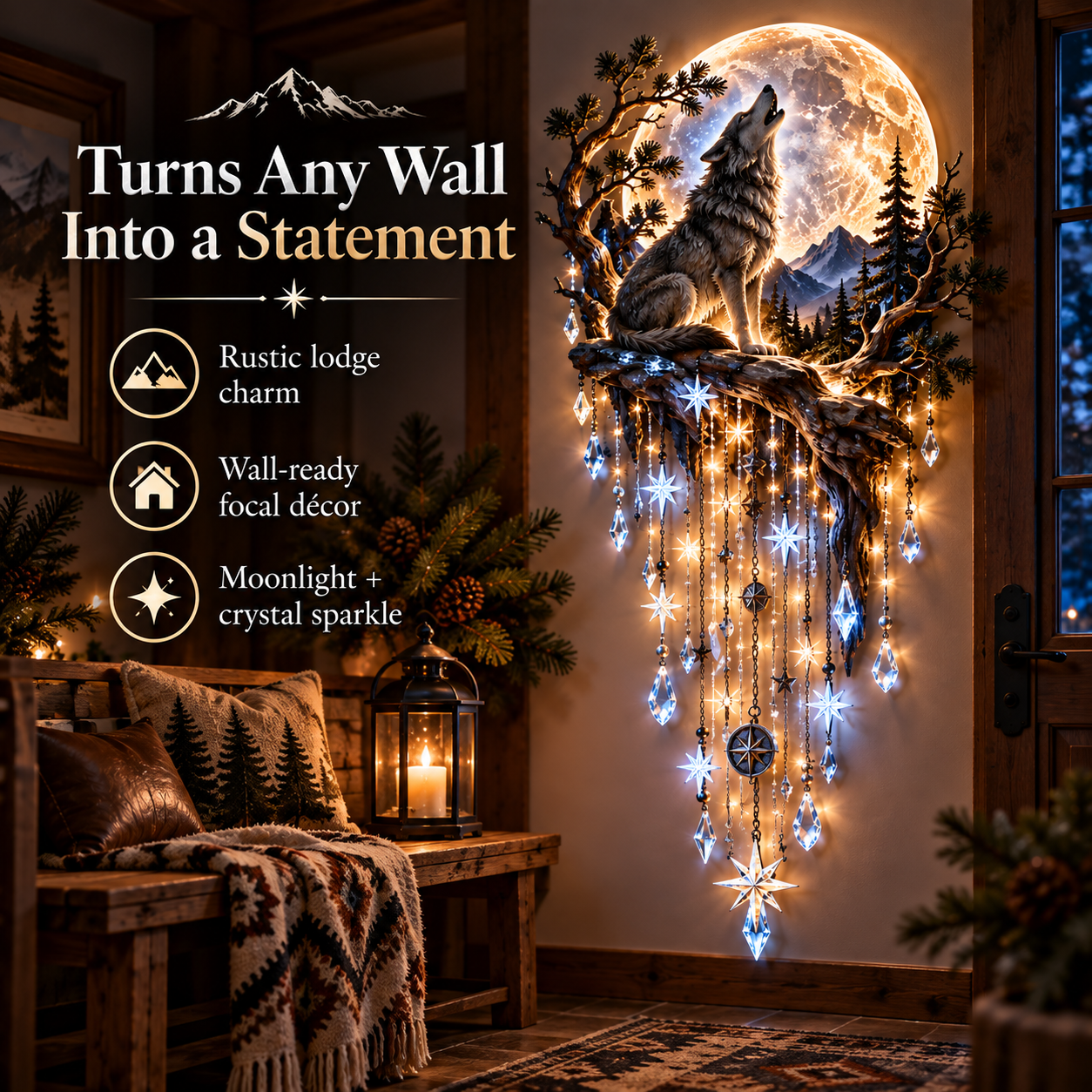 Wolf and full moon wall light with cascading star accents in a rustic room