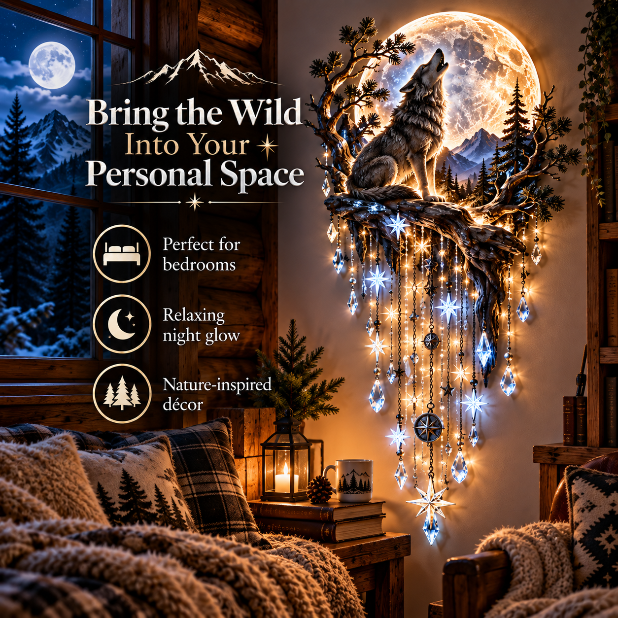 Wolf and moon starfall wall light in a bedroom setting