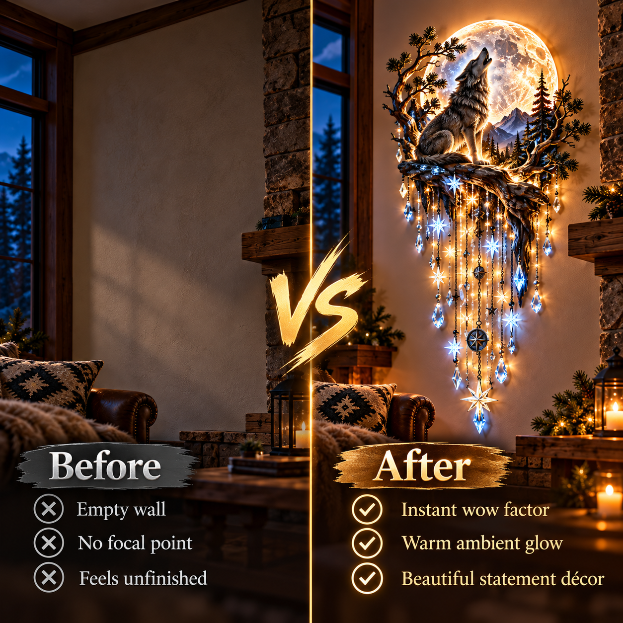 Original before-and-after illustration of a rustic wall with the wolf light