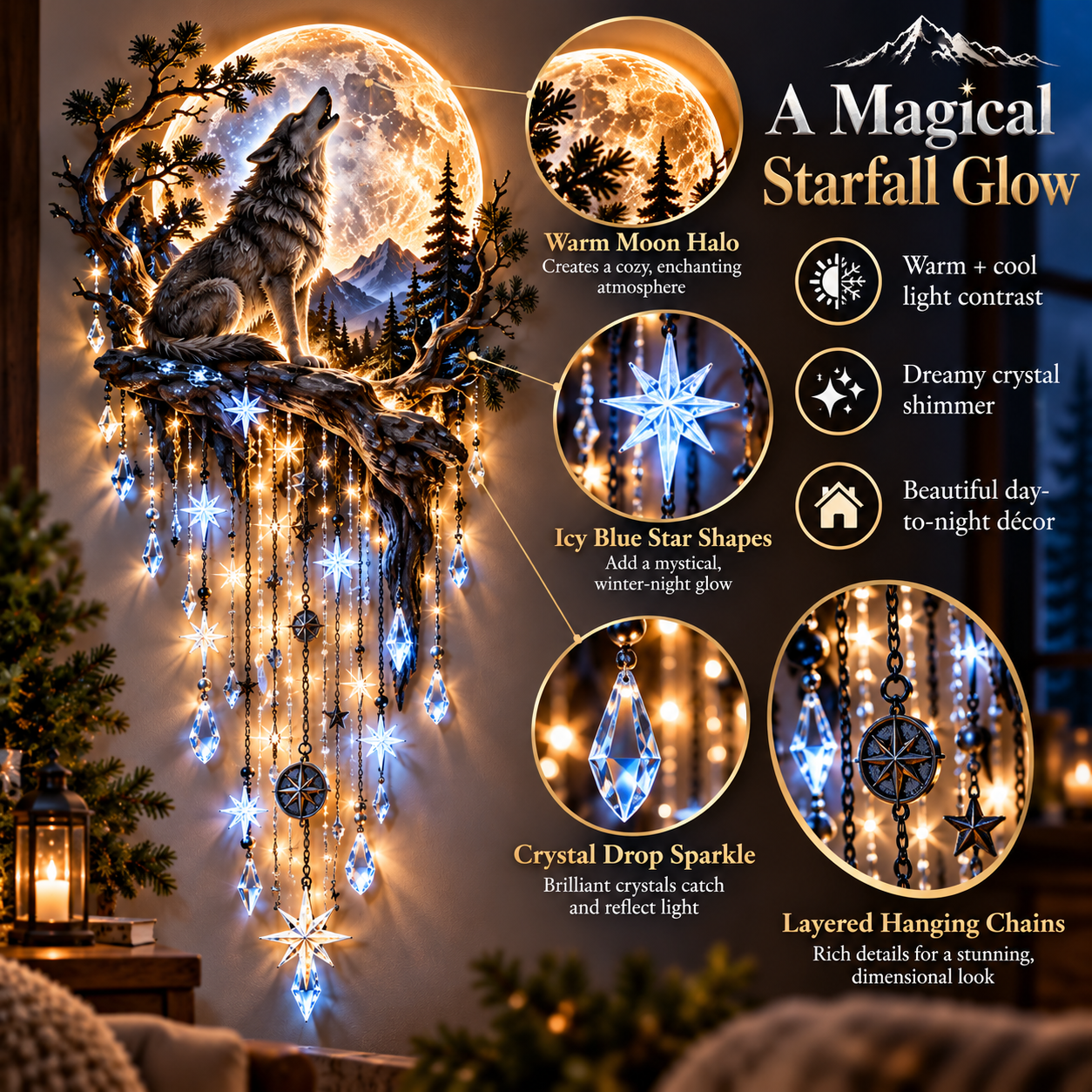 Original close-up of golden moon glow and blue star accents