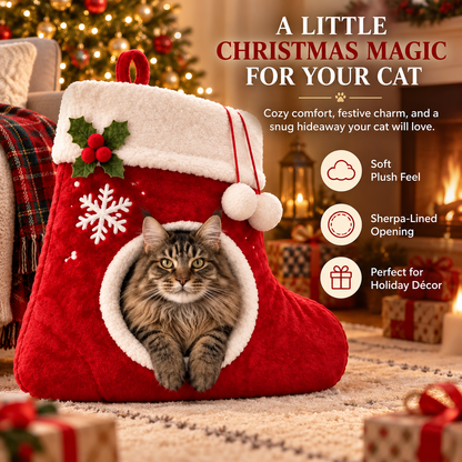 🎄 Christmas Stocking Cat Bed – Ultra-Soft Sherpa Cozy Hideaway for Cats 🐱